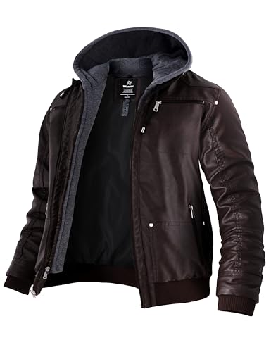 Wantdo Herren Mens Jackets Leder Jacken Lederjacke mit Kapuze Frühling Jacke Kaffee S von Wantdo