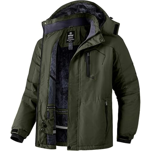 Wantdo Herren Berg Ski Jacke Warmer Winter Fleece Mantel Wasserdichter Atmungsaktive Jacke Outdoor Kapuzen Windbreaker Jacken Armeegrün M von Wantdo