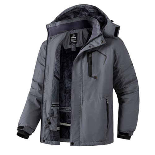 Wantdo Herren Berg Ski Jacke Warmer Winter Fleece Mantel Wasserdichter Atmungsaktive Jacke Outdoor Kapuzen Windbreaker Jacken Dunkelgrau XL von Wantdo