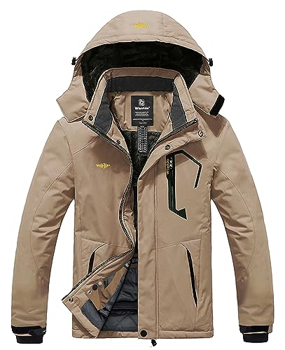 Wantdo Herren Berg Ski Jacke Warmer Winter Fleece Mantel Wasserdichter Atmungsaktive Jacke Outdoor Kapuzen Windbreaker Jacken Kahki XL von Wantdo