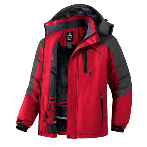 Wantdo Herren Berg Ski Jacke Warmer Winter Fleece Mantel Wasserdichter Atmungsaktive Jacke Outdoor Kapuzen Windbreaker Jacken Rot XL von Wantdo