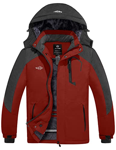 Wantdo Herren Berg Ski Jacke Warmer Winter Fleece Mantel Wasserdichter Atmungsaktive Jacke Outdoor Kapuzen Windbreaker Jacken Weinrot+grau M von Wantdo