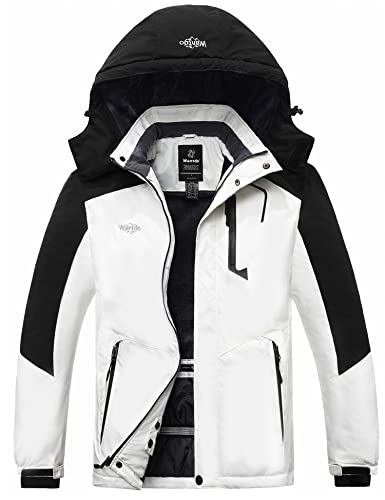 Wantdo Herren Berg Ski Jacke Warmer Winter Fleece Mantel Wasserdichter Atmungsaktive Jacke Outdoor Kapuzen Windbreaker Jacken Weiß+schwarz L von Wantdo