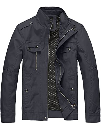 Wantdo Herren Lässige Outdoor Jacke Leicht Baumwolle Jacken Stehkragen Übergangsjacke Cargo Reißverschluss Mäntel Grau M von Wantdo