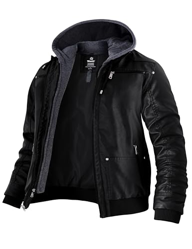 Wantdo Herren Lederjacke Winter Jacke Lang Kunstleder Schöne Lederjacken mit Kapuze Echt Lederjacke für Winter Schwarz XL von Wantdo