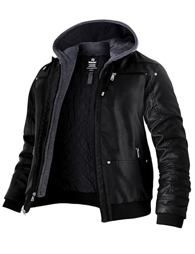 Wantdo Herren Motorradjacke Mens Jackets Lederjacke Abnehmbarer Kapuze Schöne Lederjacken mit Kapuze Schwarz-Verdicken XXL von Wantdo