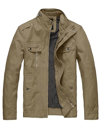 Wantdo Herren Stehkragen Übergangsjacke Militärfracht Lodenjacke Militär Stil Oberbekleidung Freizeit Army Fracht Jacke Kahki-2020 S von Wantdo