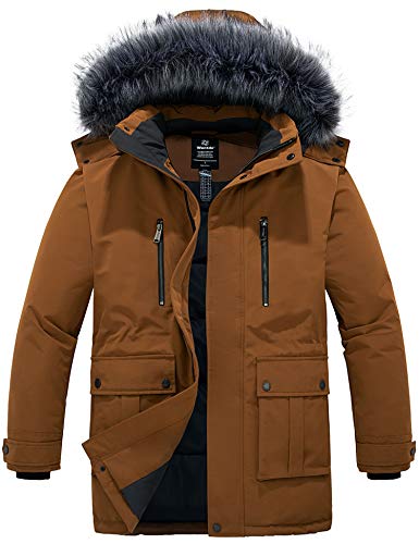 Wantdo Herren Winter Lässig Mantel Warme Outdoor Jacke Baumwolle Gepolsterter Mantel Winddichte Oberbekleidung Parka mit Kunstpelz Kapuze Gelb XL von Wantdo