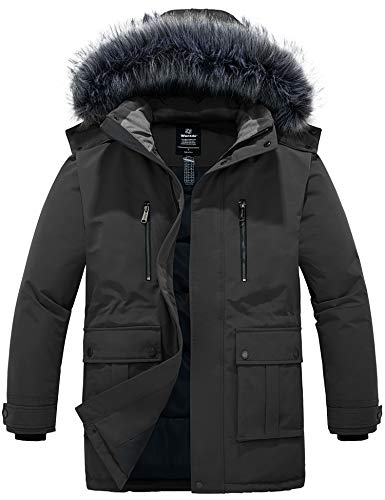 Wantdo Herren Winter Lässig Mantel Warme Outdoor Jacke Baumwolle Gepolsterter Mantel Winddichte Oberbekleidung Parka mit Kunstpelz Kapuze Grau L von Wantdo