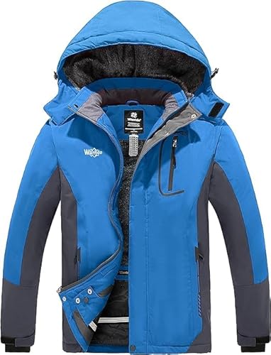 Wantdo Herren Winter Skijacke Kapuzen Funktionsjacke Fleece Wanderjacke Gefütterter Regenmantel Isolierende Wasserdicht Atmungsaktiv Wintermantel Blau XXL von Wantdo