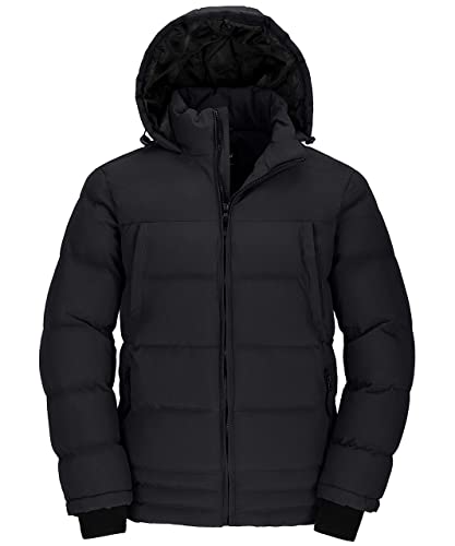 Wantdo Herren Winter Warme Jacke Wasserabweisend Outdoor Jacke Gesteppte Parka Baumwolle Polsterung Mantel Winddichte Jacken mit Kapuze Schwarz XL von Wantdo