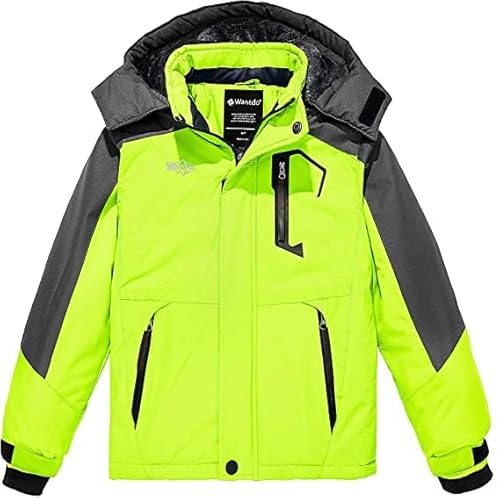 Wantdo Jungen Berg Ski Jacke Warmer Winter Fleece Mäntel Wasserdichter Atmungsaktive Jacke Outdoor Kapuzen Windbreaker Jacken Grün Fluoreszierend 128-134 von Wantdo