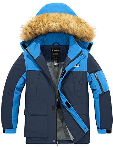 Wantdo Jungen Berg Wandern Jacke Outdoor Windproof Skijacke wasserdichte Windbreaker Jacke Kunstpelz Kapuze Mantel Blau 116-122 von Wantdo