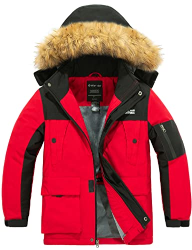 Wantdo Jungen Berg Wandern Jacke Outdoor Windproof Skijacke Wasserdichte Windbreaker Jacke Kunstpelz Kapuze Mantel Rot+schwarz 128-134 von Wantdo