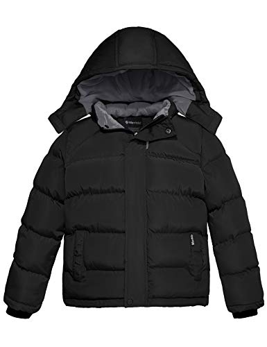 Wantdo Jungen Winter Warm Fleece Mäntel Verdickte Baumwolle Gepolstert Jacke Klassische Winddichte Gesteppte Parka Mäntel Outdoor Kapuzenjacke Schwarz 116-122 von Wantdo