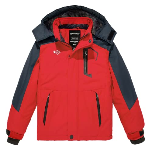 Wantdo Jungen Ski Winterjacke Wandern Freizeit Outdoorjacke wasserdichte Winddichte Snowboardjacke Fleece-Futter Regenjacke Kapuze Mäntel Rot 116-122 von Wantdo
