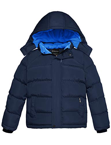 Wantdo Jungen Winter Warm Fleece Mäntel Verdickte Baumwolle Gepolstert Jacke Klassische Winddichte Gesteppte Parka Mäntel Outdoor Kapuzenjacke Dunkelblau 140-146 von Wantdo