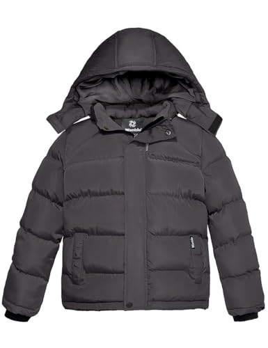 Wantdo Jungen Winter Warm Fleece Mäntel Verdickte Baumwolle Gepolstert Jacke Klassische Winddichte Gesteppte Parka Mäntel Outdoor Kapuzenjacke Dunkelgrau 152-158 von Wantdo