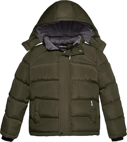 Wantdo Jungen Winter Warm Fleece Mäntel Verdickte Baumwolle Gepolstert Jacke Klassische Winddichte Gesteppte Parka Mäntel Outdoor Kapuzenjacke Grün 140-146 von Wantdo