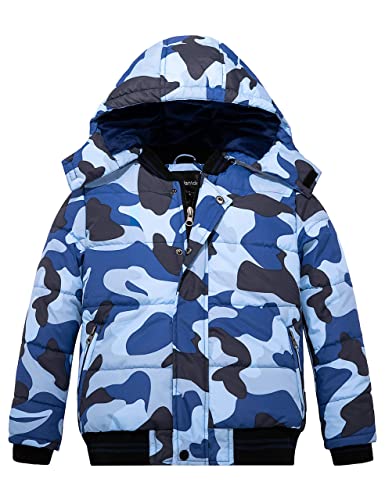 Wantdo Jungen Winter Warm Fleece Mantel Verdickte Baumwolle Gepolstert Jacke Winddichte Oberbekleidung Mantel Outdoor Kapuze Jacke Blau Tarnung 128-134 von Wantdo