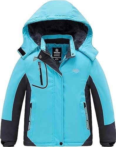 Wantdo Mädchen Berg Ski Jacke Warmer Winter Fleece Mäntel Wasserdichter Atmungsaktive RegenMäntel Outdoor Kapuzen Jacken Blau 128-134 von Wantdo