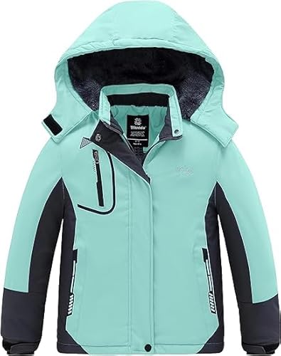 Wantdo Mädchen Berg Ski Jacke Warmer Winter Fleece Mäntel Wasserdichter Atmungsaktive RegenMäntel Outdoor Kapuzen Jacken Mintgrün 128-134 von Wantdo