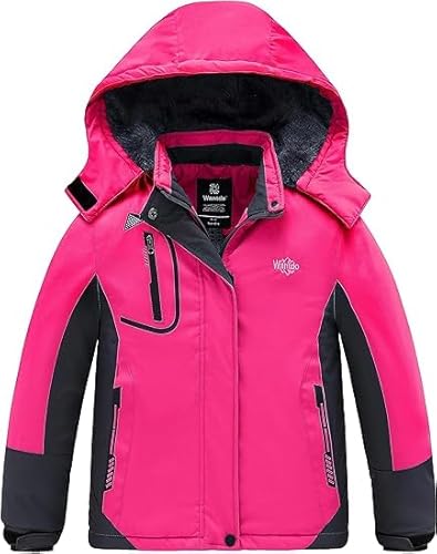 Wantdo Mädchen Berg Ski Jacke Warmer Winter Fleece Mäntel Wasserdichter Atmungsaktive RegenMäntel Outdoor Kapuzen Jacken Rosenrot 116-122 von Wantdo