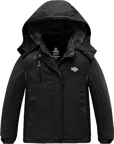 Wantdo Mädchen Berg Ski Jacke Warmer Winter Fleece Mäntel Wasserdichter Atmungsaktive RegenMäntel Outdoor Kapuzen Jacken Schwarz 152-158 von Wantdo
