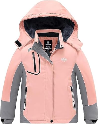 Wantdo Mädchen Berg Ski Jacke Warmer Winter Fleece Mäntel Wasserdichter Atmungsaktive RegenMäntel Outdoor Kapuzen Jacken Rosa 152-158 von Wantdo