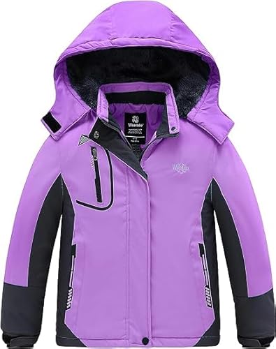 Wantdo Mädchen Winterjacke wasserdichte Skijacke Atmungsaktive Wanderjacke Verdickte Windjacke Winddichter SchneeMäntel Outdoor Kapuzenjacke Grau+lila 116-122 von Wantdo