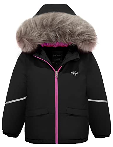 Wantdo Mädchen Wintermantel mit Kapuze Warme Fleecejacke Berg Snowboardmantel Winddichte Skijacke Wasserdichter Outdoor-Regenmantel Schwarz 128-134 von Wantdo