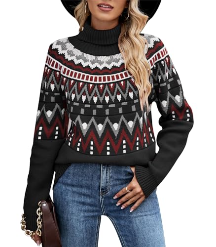 Wantonfy Damen Pullover Rollkragenpullover Langarm Strickpullover Weihnachtspullover Rundhalsausschnitt Casual Lose Pulli Pullover Damen Winter Oberteile von Wantonfy