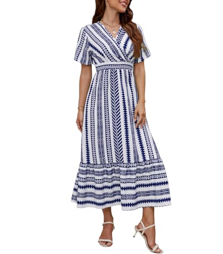 Wantonfy Damen Sommerkleid V Ausschnitt Maxikleid Freizeitkleider Elegant Strandkleid Midikleid mit Taschen von Wantonfy