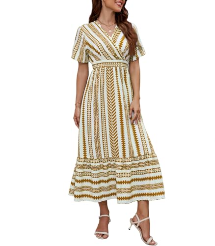 Wantonfy Damen Sommerkleid V Ausschnitt Maxikleid Freizeitkleider Elegant Strandkleid Midikleid mit Taschen von Wantonfy