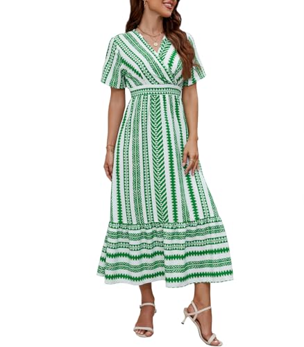 Wantonfy Damen Sommerkleid V Ausschnitt Maxikleid Freizeitkleider Elegant Strandkleid Midikleid mit Taschen von Wantonfy