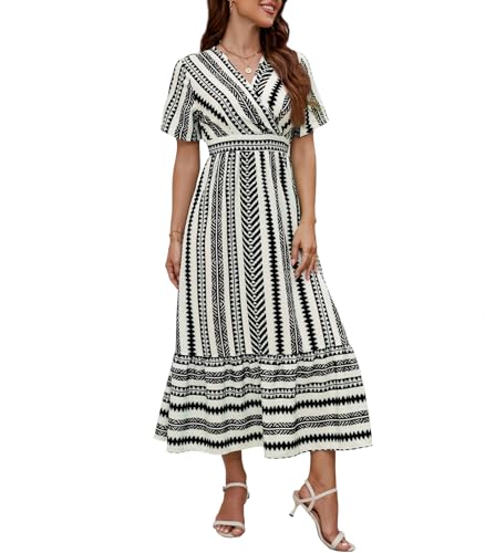 Wantonfy Damen Sommerkleid V Ausschnitt Maxikleid Freizeitkleider Elegant Strandkleid Midikleid mit Taschen von Wantonfy