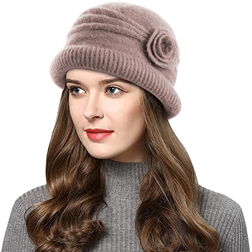 Wantonfy Damen Strickmütze Warme Wintermütze mit Roll Up Kante Mütze mit Seitlicher Blume Atmungsaktivem Beanie Winter von Wantonfy