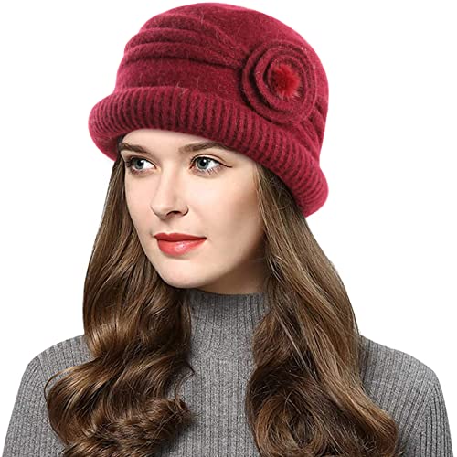 Wantonfy Damen Strickmütze Warme Wintermütze mit Roll Up Kante Mütze mit Seitlicher Blume Atmungsaktivem Beanie Winter von Wantonfy