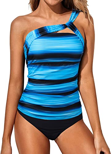 Wantonfy Damen Zweiteilig Badeanzug High Waist Tankini EIN Schulter Bademode Schwimmanzug Bademode von Wantonfy