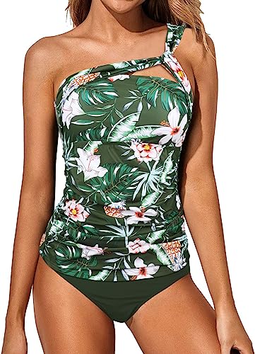 Wantonfy Damen Zweiteilig Badeanzug High Waist Tankini EIN Schulter Bademode Schwimmanzug Bademode von Wantonfy