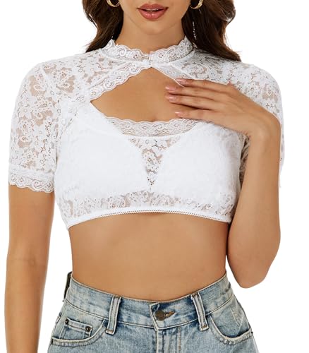 Wantonfy Dirndl Bluse Damen Weiß Halbarm Elegante Trachten Oktoberfest von Wantonfy