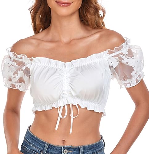 Wantonfy Dirndl Bluse Damen Dirndlbluse Damen Schulterfrei Dirndlbluse Oktoberfest Elegante Dirndl Bluse Trachten Weiß，5XL ，48 von Wantonfy