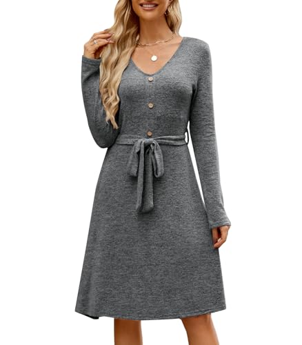 Wantonfy Freizeitkleider für Damen Kleider Pulloverkleid V-Ausschnitt Langarm Kleider Jumper Kleid mit Knöpfen Herbst und Winter von Wantonfy