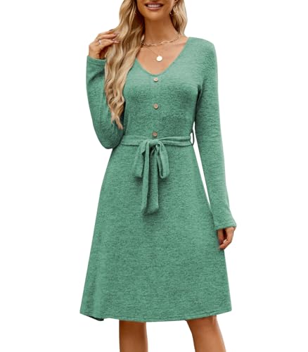 Wantonfy Freizeitkleider für Damen Kleider Pulloverkleid V-Ausschnitt Langarm Kleider Jumper Kleid mit Knöpfen Herbst und Winter von Wantonfy