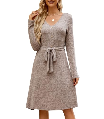 Wantonfy Freizeitkleider für Damen Kleider Pulloverkleid V-Ausschnitt Langarm Kleider Jumper Kleid mit Knöpfen Herbst und Winter von Wantonfy