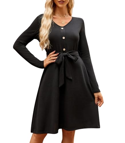 Wantonfy Freizeitkleider für Damen Kleider Pulloverkleid V-Ausschnitt Langarm Kleider Jumper Kleid mit Knöpfen Herbst und Winter von Wantonfy