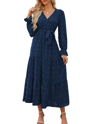Wantonfy Kleid Langarm Damen V Ausschnitt Freizeitkleider Strandkleid Midikleid Kurzarm A Linie Cocktailkleid Maxikleid Herbst von Wantonfy