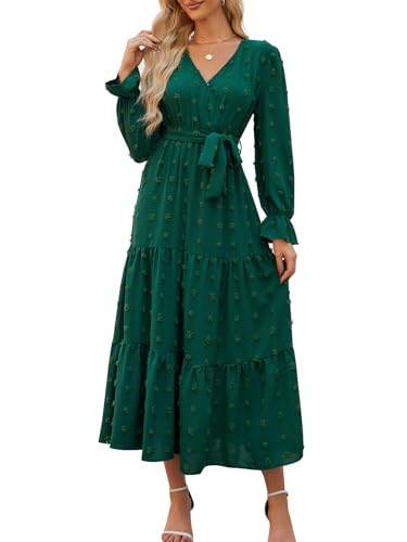 Wantonfy Kleid Langarm Damen V Ausschnitt Freizeitkleider Strandkleid Midikleid Kurzarm A Linie Cocktailkleid Maxikleid Herbst von Wantonfy
