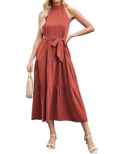 Wantonfy Sommerkleid Damen Freizeitkleider Ärmellos Strandkleid Langes Maxikleid mit Gürtel Elegant von Wantonfy