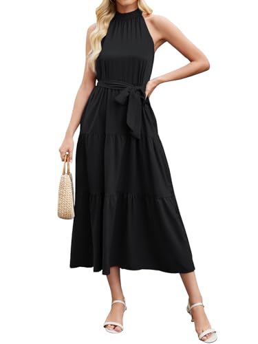 Wantonfy Sommerkleid Damen Freizeitkleider Ärmellos Strandkleid Langes Maxikleid mit Gürtel Elegant von Wantonfy